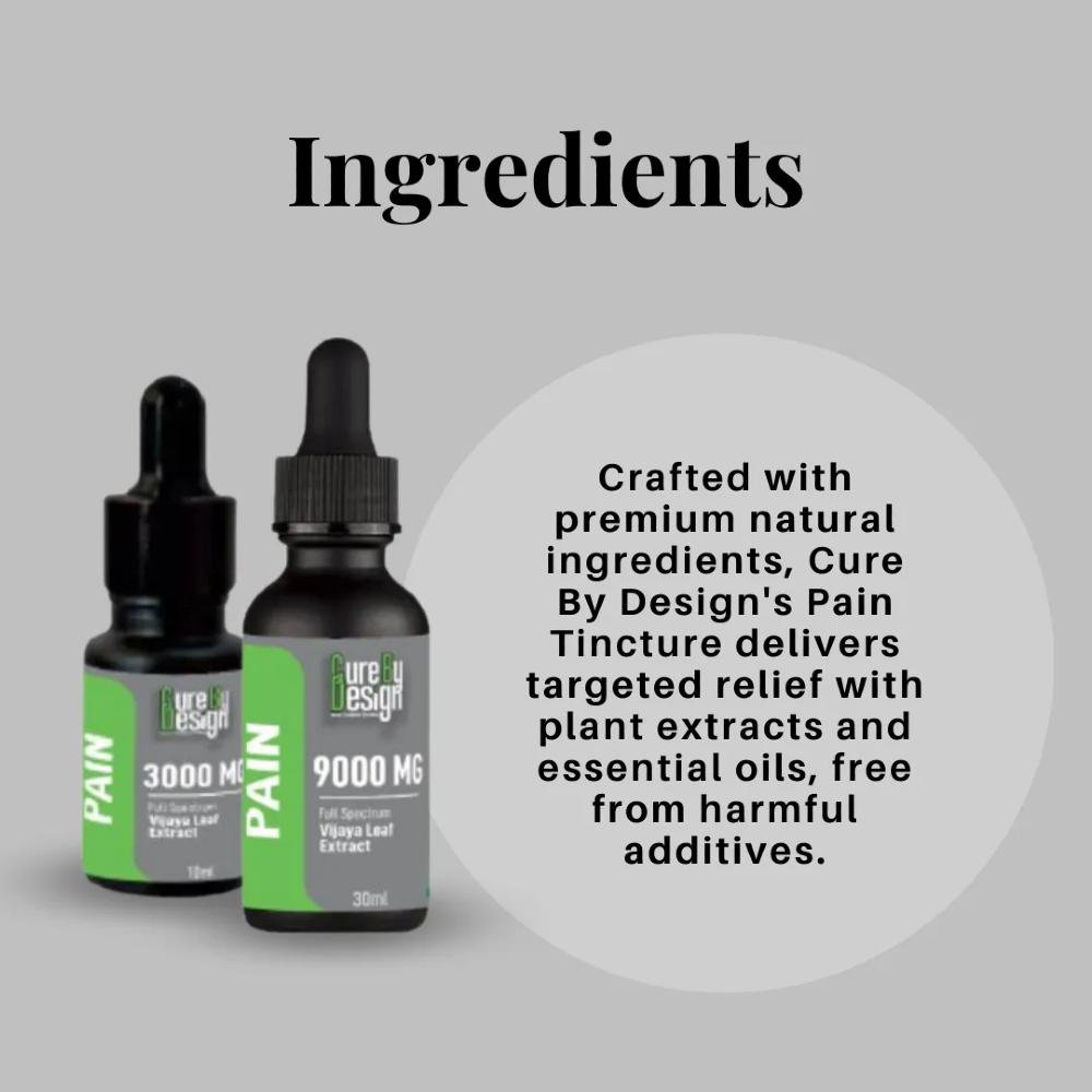 Two bottles of Cure By Design Pain Tincture with text about ingredients on a gray background