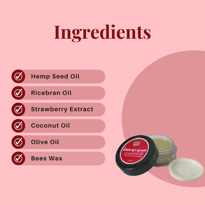 List of ingredients for a cosmetic product on a pink background with a jar of the product.