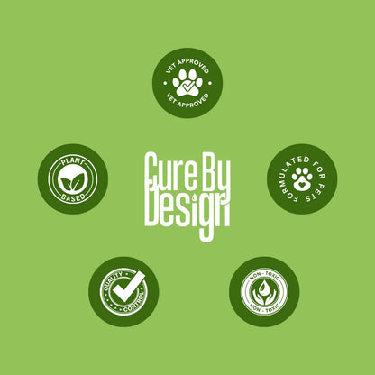 Green background with 'Cure By Design' logo and certification icons.
