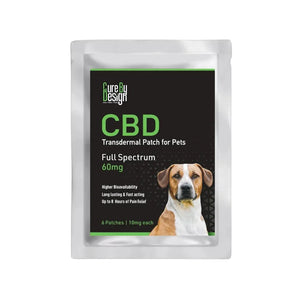 CBD Transdermal Patch for Pets packaging with a dog's face on a white background