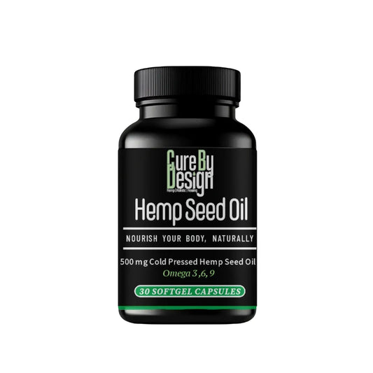 Black bottle of Cure By Design Hemp Seed Oil on a white background