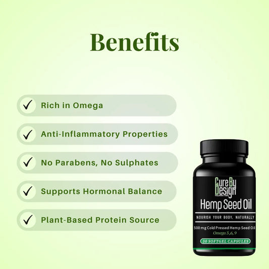 Hemp seed oil supplement bottle with benefits listed on a green background