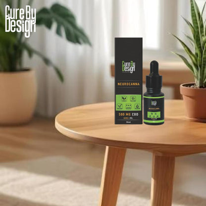 Cure By Design Neurocanna product on a wooden table with plants in the background