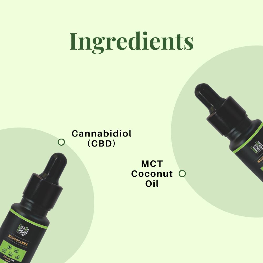 Cure By Design CBD oil dropper with ingredients listed on a green background