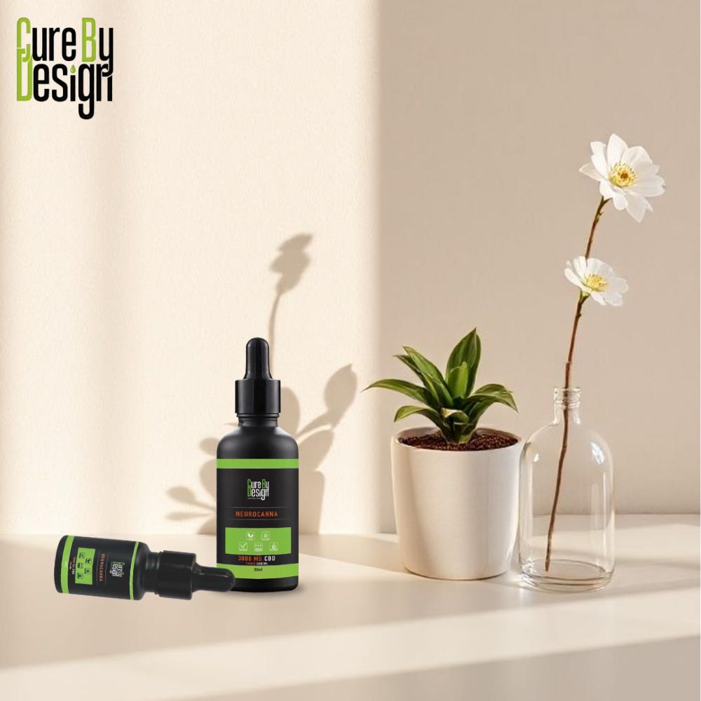 Cure By Design CBD Oil Bottle with dropper and packaging on a light surface with plants and flowers.