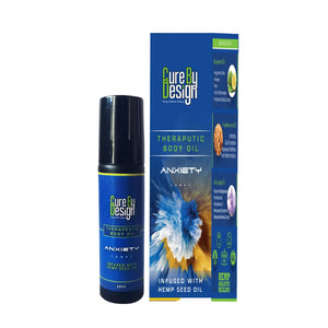 Cure By Design Anxiety therapeutic body oil with packaging on a white background
