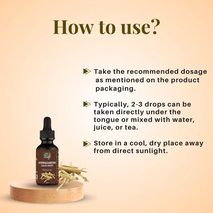 Bottle of Ashwagandha extract with usage instructions on a beige background