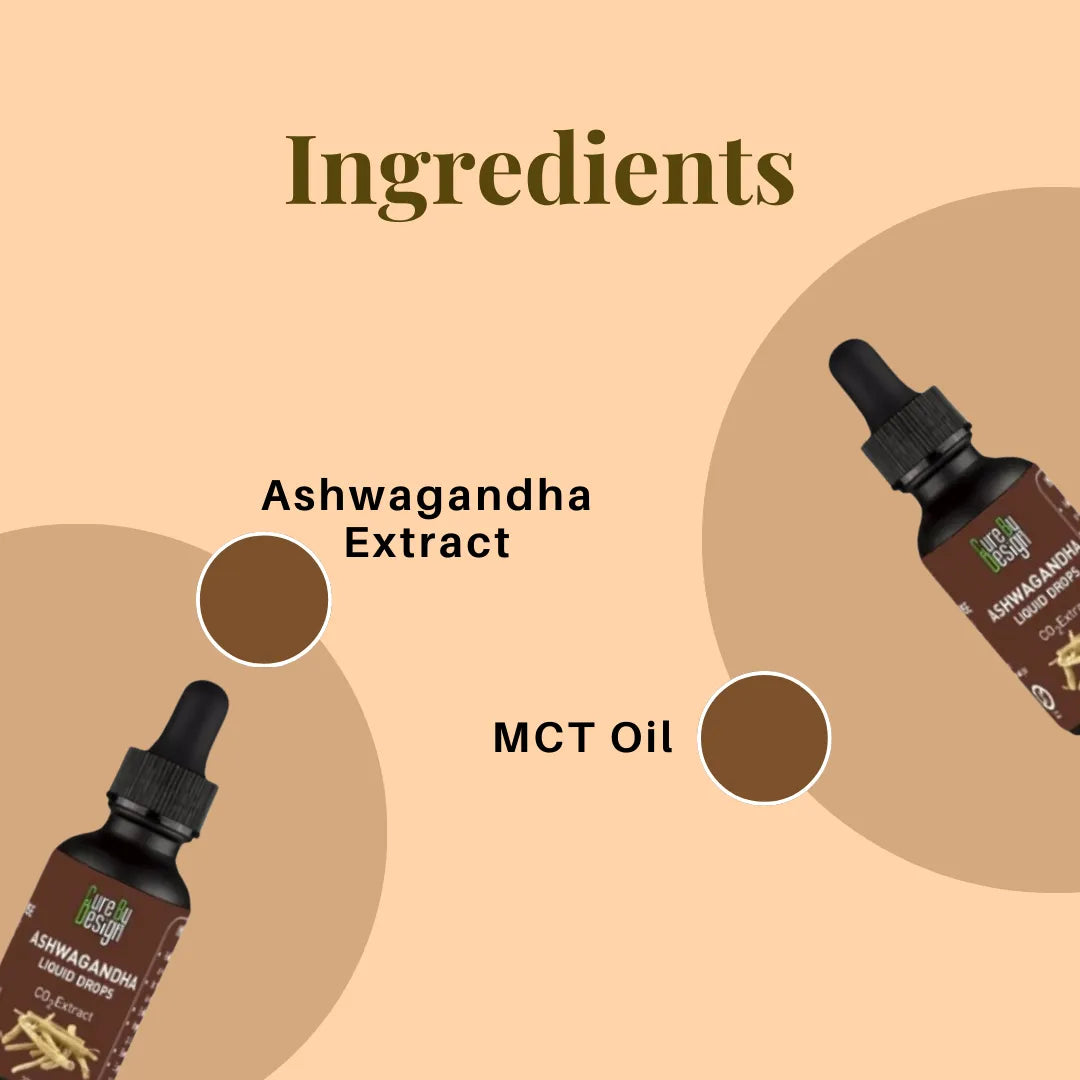 Illustration of Ashwagandha Extract and MCT Oil with dropper bottles on a beige background.