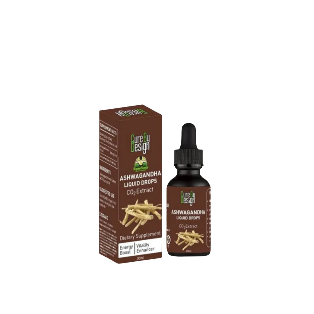 Cure by Design Ashwagandha Liquid Drops packaging and bottle on a white background