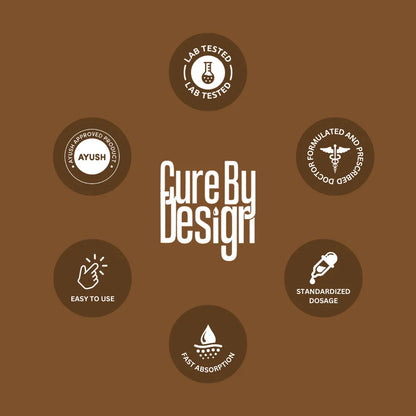 Cure By Design branding with various icons on a brown background