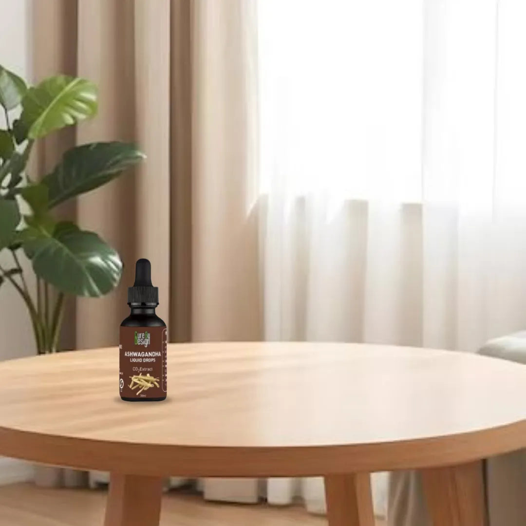 Bottle of ashwagandha liquid drops  on a wooden table with a plant and curtains in the background