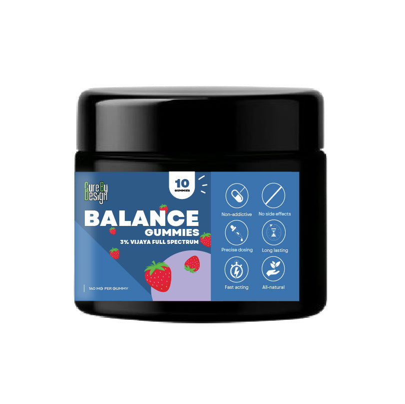 Jar of Balance CBD THC Gummies with blue label on a white background