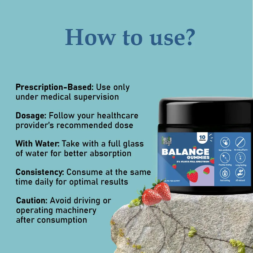 Balance CBD THC Gummies supplement container with usage instructions on a blue background