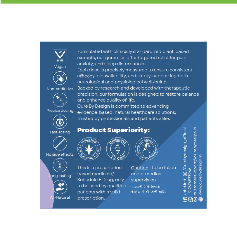 Product label with text and icons on a blue background