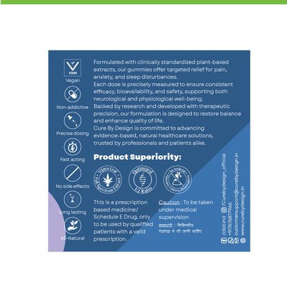 Product label with text and icons on a blue background