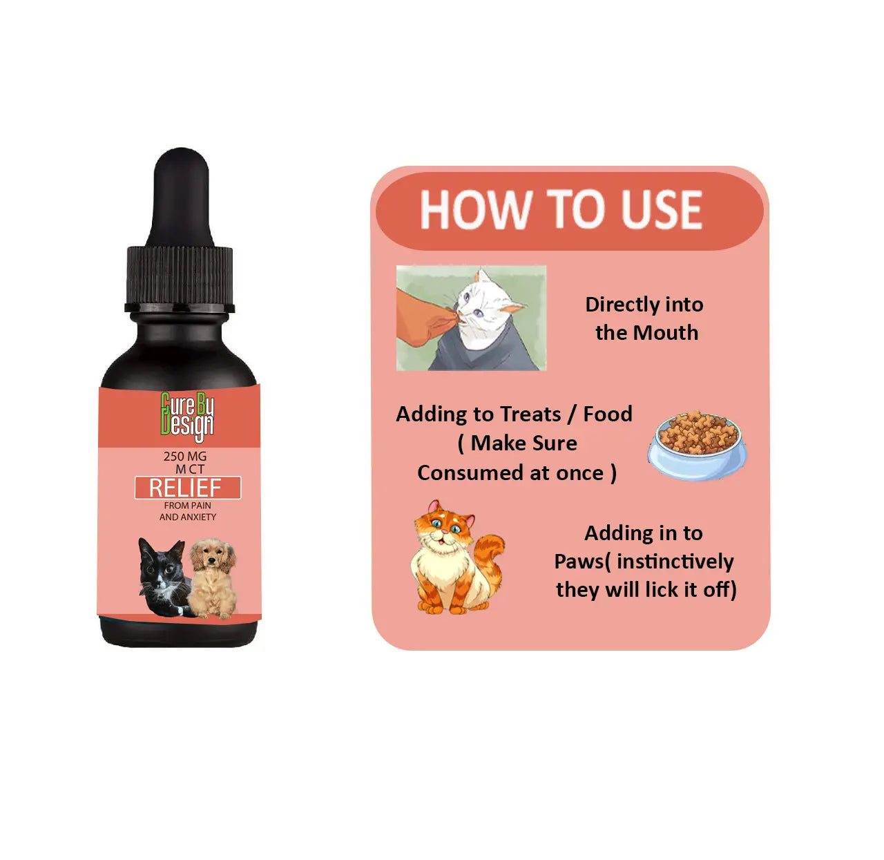 Bottle of pet CBD supplement with instructions on how to use it.