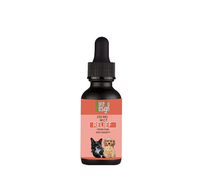Bottle of 'Pet CBD Oil' with a pink label featuring images of a black cat and a brown dog on a white background.