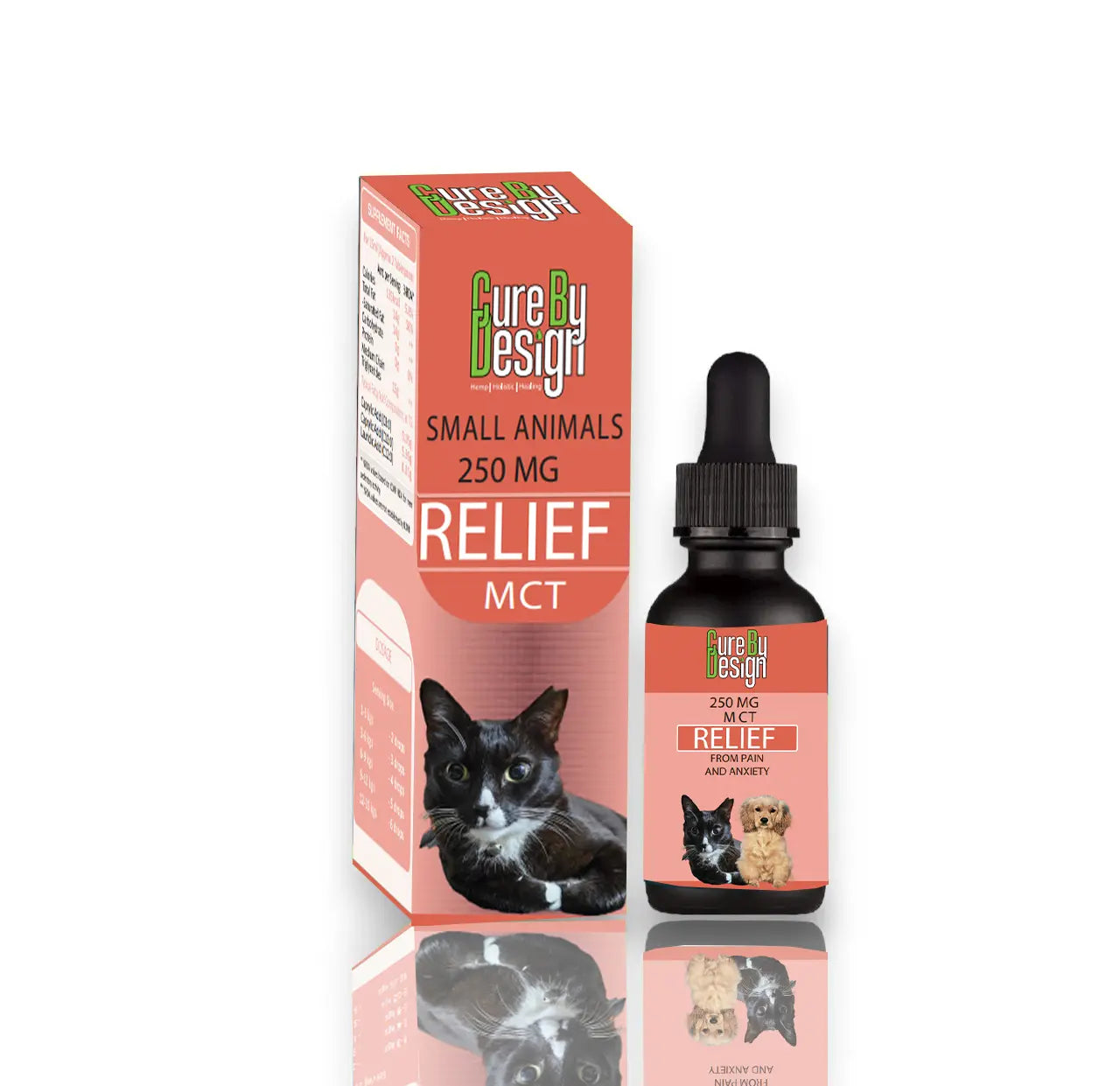 Cure by Design small animals relief CBD product with packaging on a white background