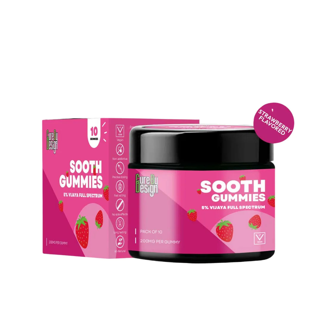 Sooth Gummies container and packaging with strawberry flavor on a white background