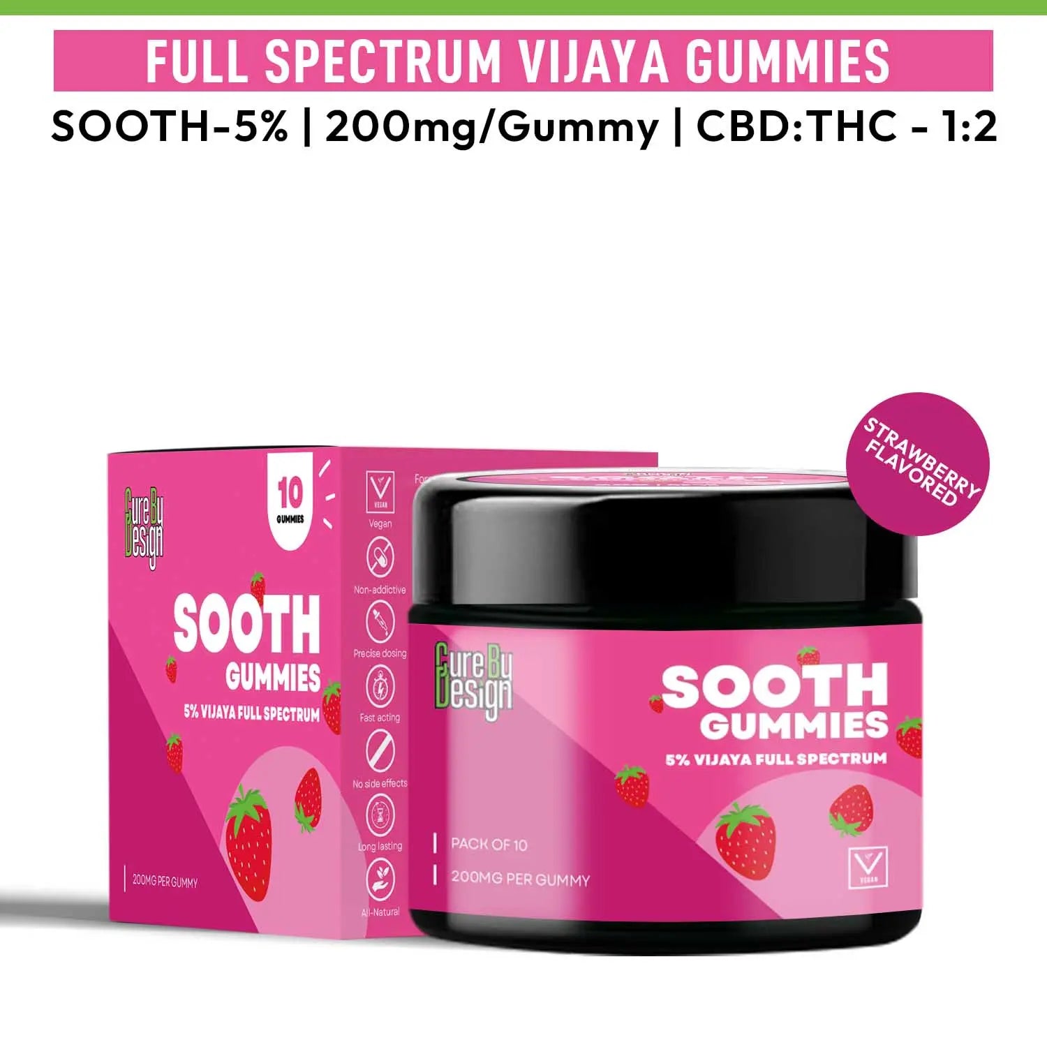 Pink container and box of Sooth Gummies with strawberry flavor on a white background