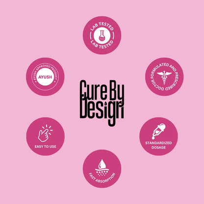 Cure By Design branding with various icons on a pink background