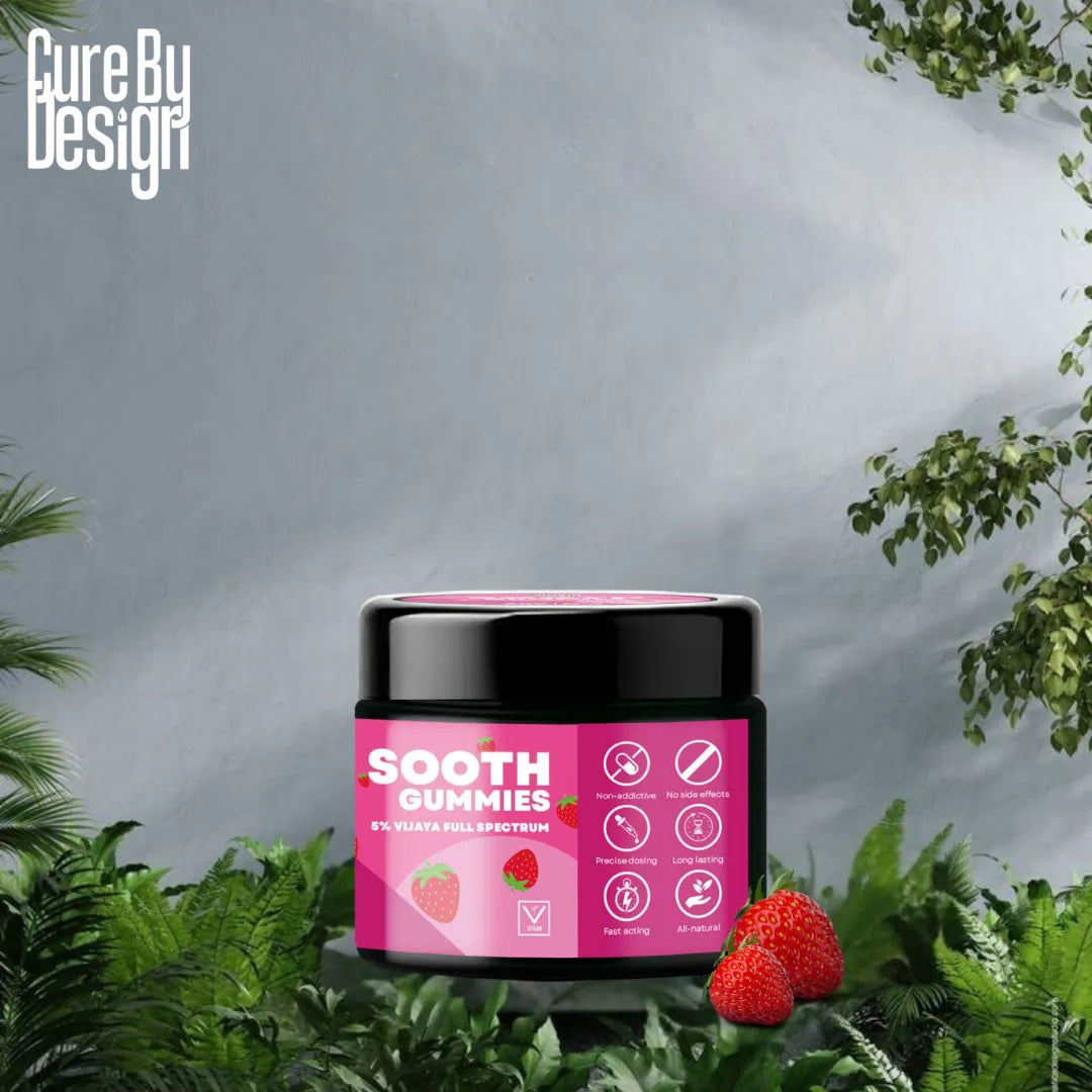Jar of 'Sooth Gummies' with a pink label on a gray background with green foliage.
