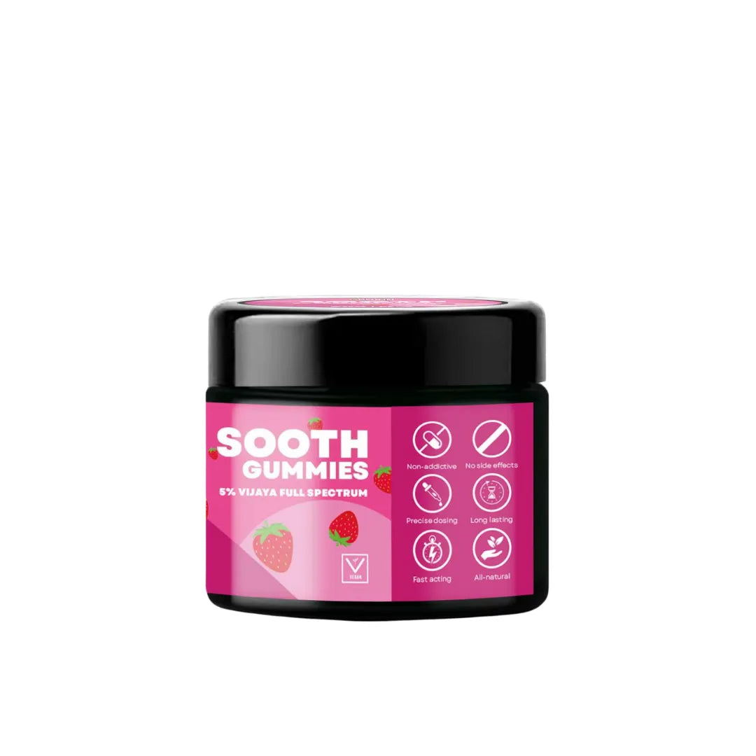 Jar of Sooth Gummies with pink label on a white background