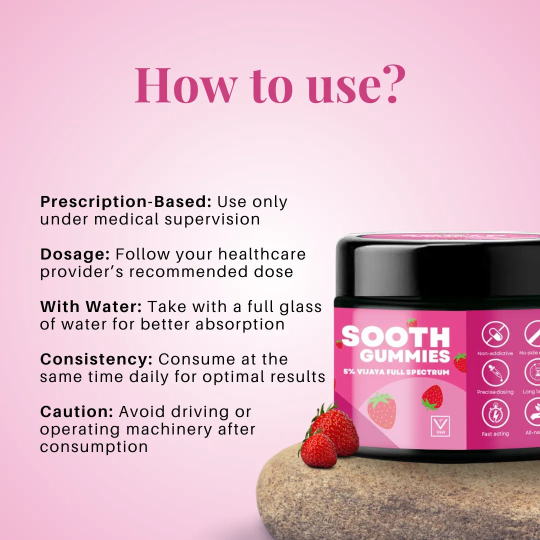 Sooth Gummies container with usage instructions on a pink background