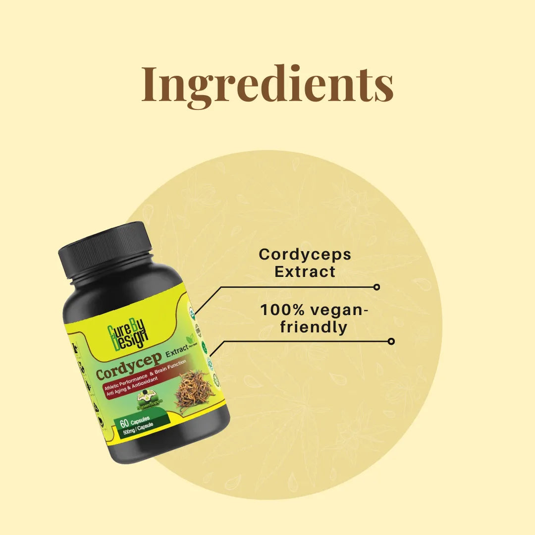 Bottle of Cordyceps Extract with '100% vegan-friendly' label on a beige background