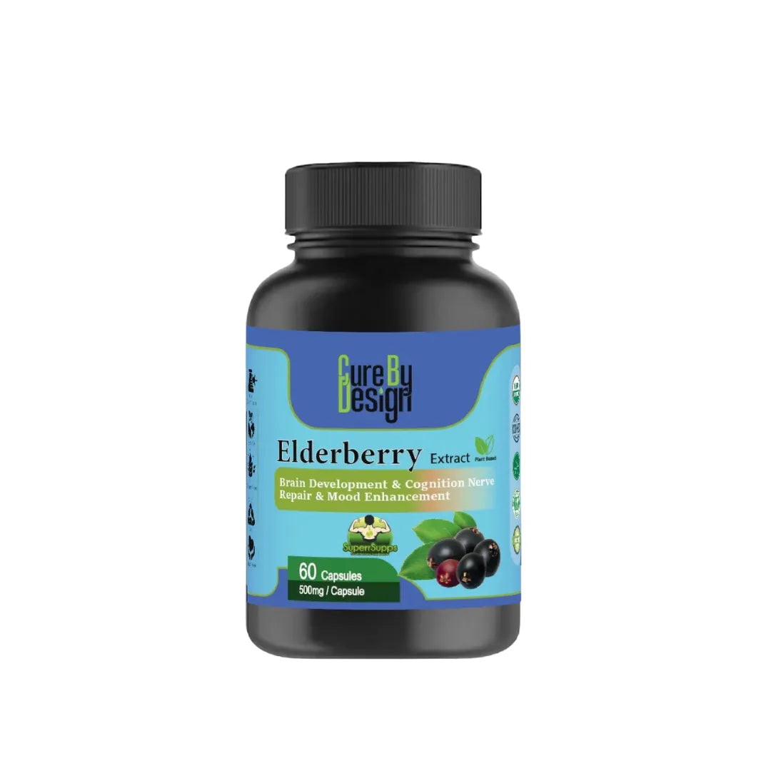 Bottle of Elderberry Extract capsules with a blue label on a white background