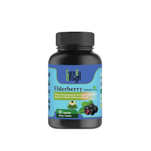 Bottle of Elderberry Extract capsules with a blue label on a white background