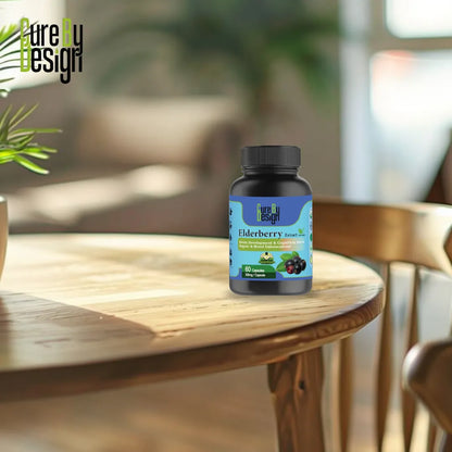 Bottle of Cure by Design Elderberry supplement on a wooden table with a blurred background
