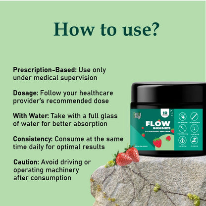 Flow Gummies packaging with usage instructions on a green background
