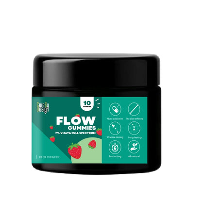 Jar of Flow Gummies with a green label on a white background