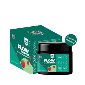 Flow Gummies packaging with green box and black container on a white background