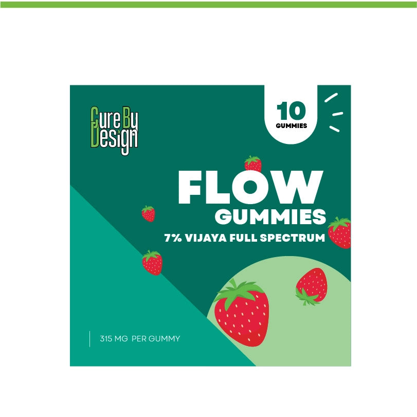 Box of Flow Gummies with strawberry design on a green background