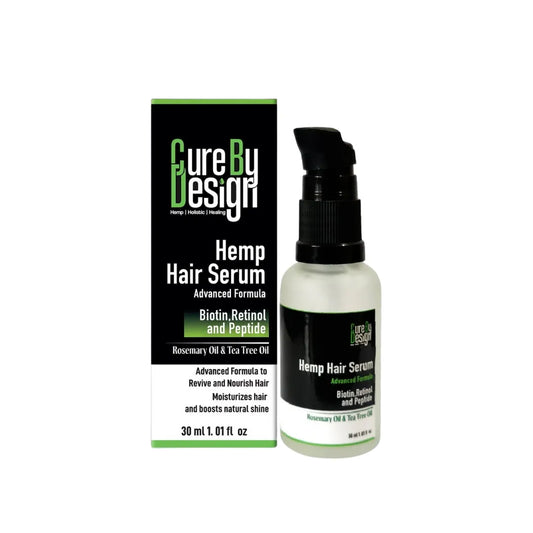 Cure By Design Hemp Hair Serum bottle and packaging on a white background