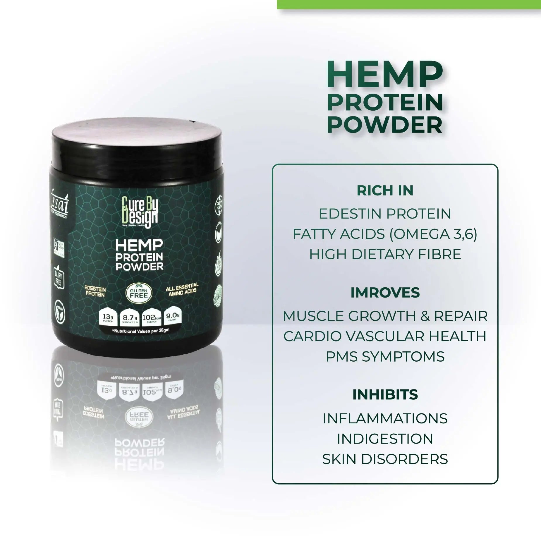 Hemp protein powder container with health benefits text on a white background