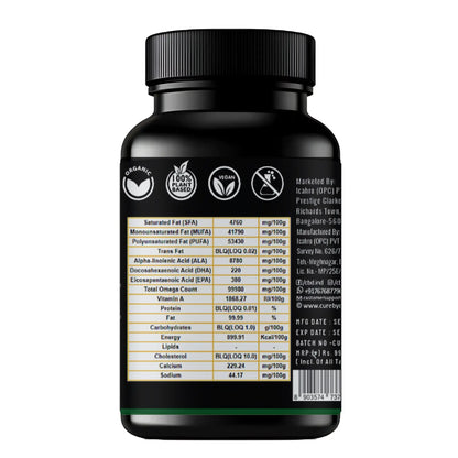 Black supplement bottle with nutritional information label on a white background