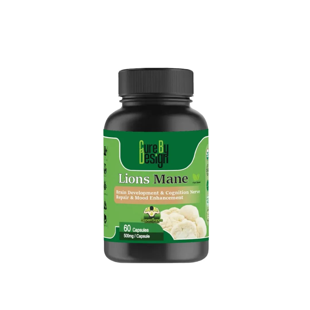 Bottle of Cure By Design: Lions Mane Mushroom Extract Capsules supplement with green label on a white background
