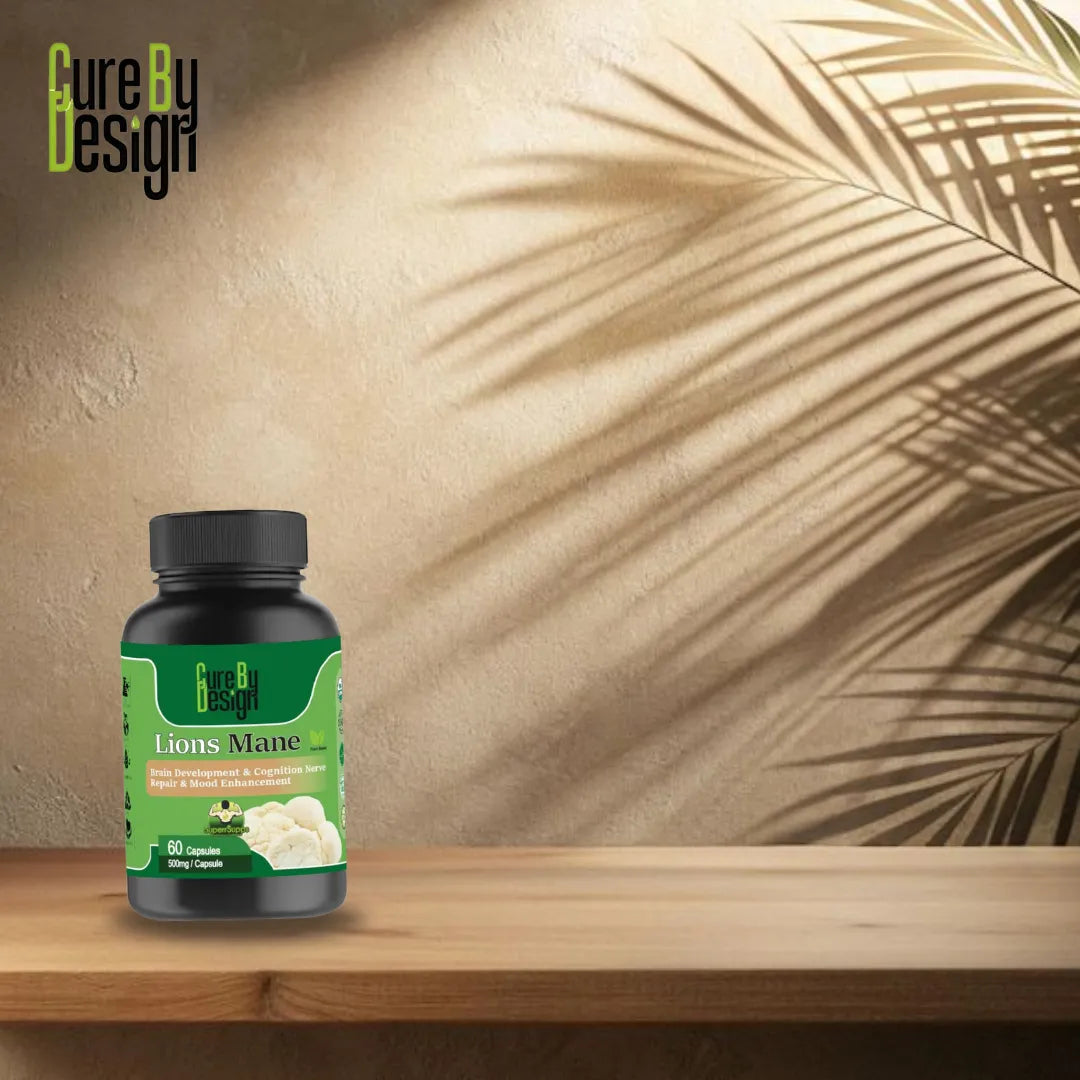 Bottle of Lions Mane supplement on a wooden surface with a leafy background