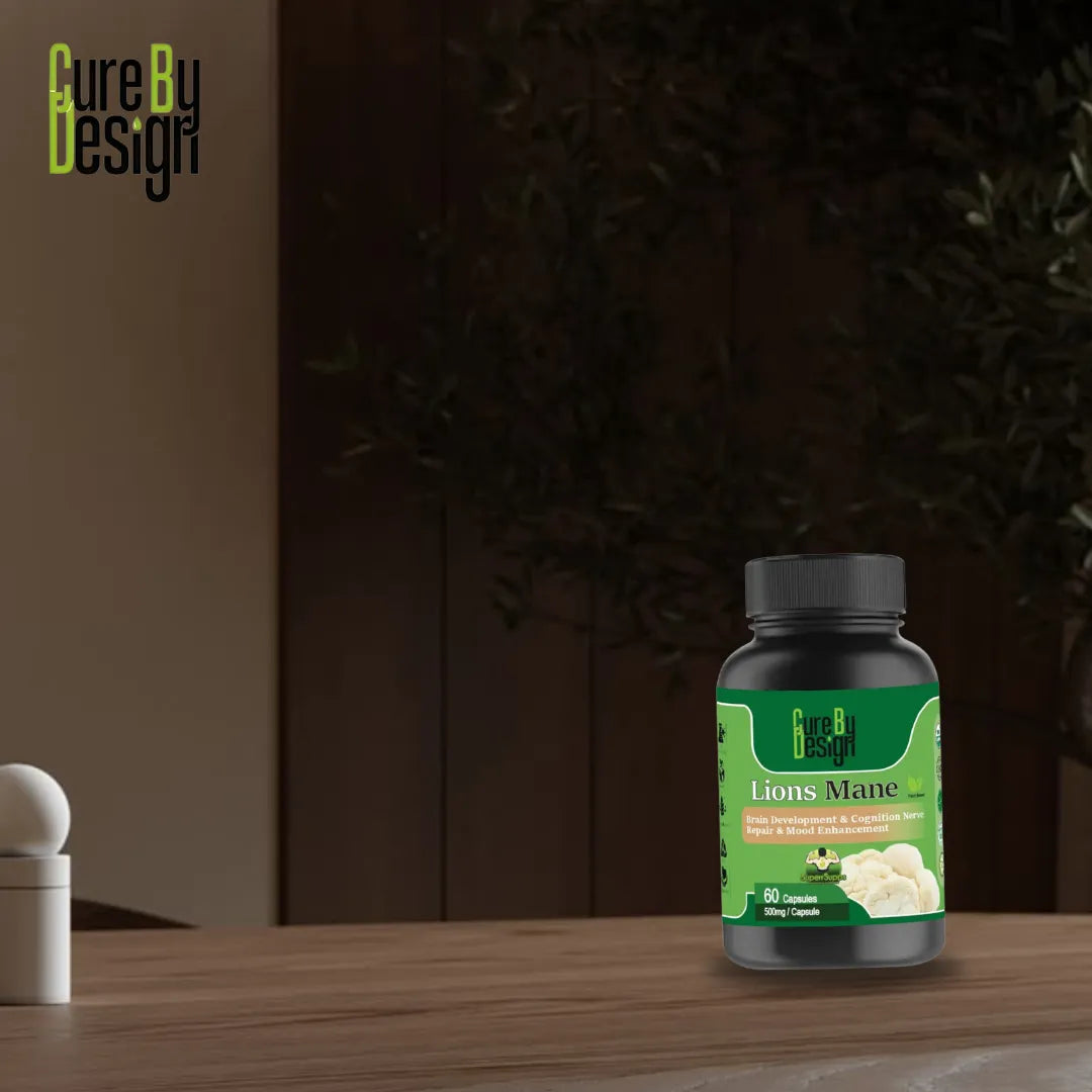 Supplement bottle labeled 'Lions Mane' on a wooden surface with a blurred background