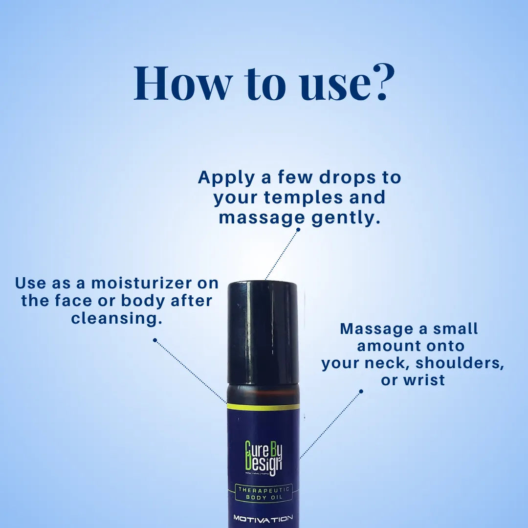 Cure By Design Motivation Therapeutic Body Oil bottle with usage instructions on a blue background