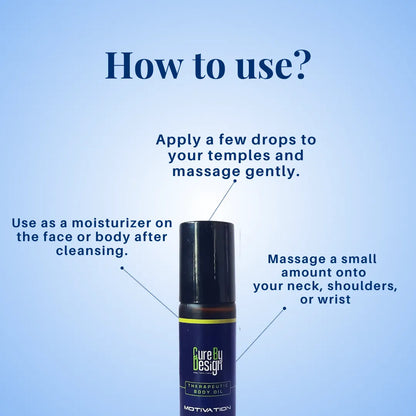 Cure By Design Motivation Therapeutic Body Oil bottle with usage instructions on a blue background
