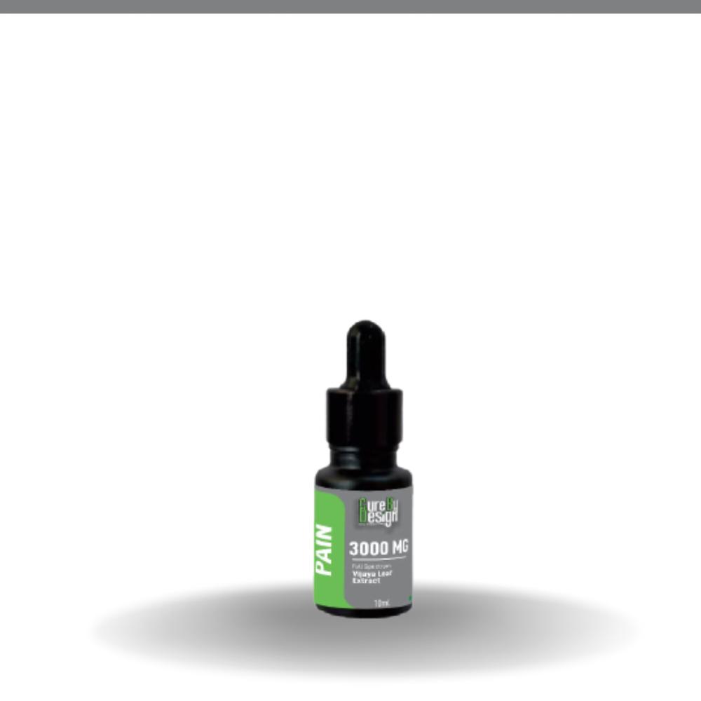 Bottle of Cure By Design CBD Oil with dropper labeled 'Pain' and '3000 MG' on a white background