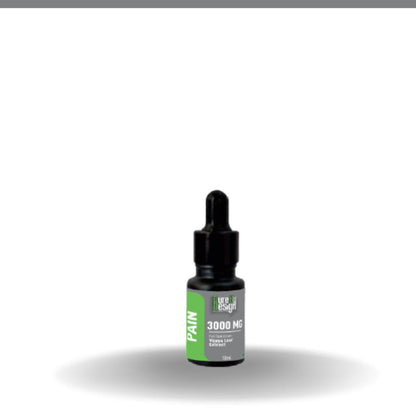 Bottle of Cure By Design CBD Oil with dropper labeled 'Pain' and '3000 MG' on a white background
