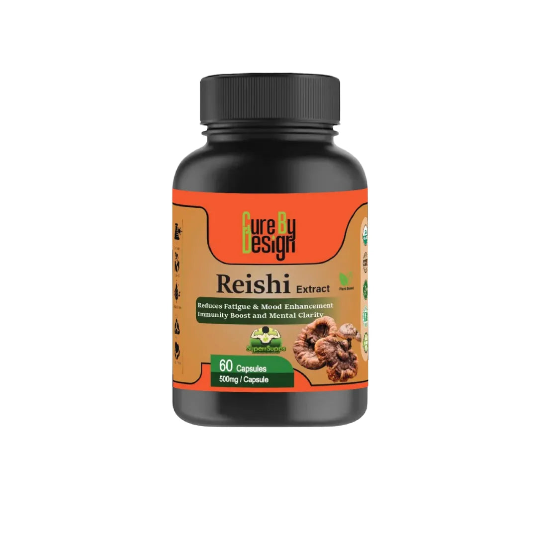 Bottle of Cure By Design Reishi Mushroom Extract Capsules on a white background