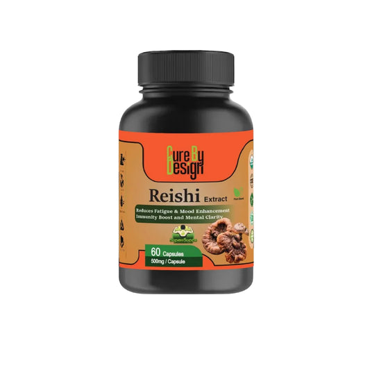 Bottle of Cure By Design Reishi Mushroom Extract Capsules on a white background