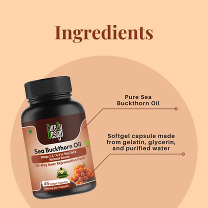 Cure Design Sea Buckthorn Oil supplement bottle with labeled ingredients on a beige background