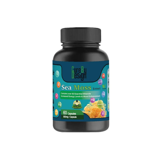 Black bottle of Sea Moss capsules with colorful label on a white background